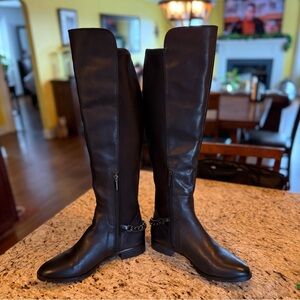 NWT Karl Lagerfeld Black Over-the-Knee Leather Boots with Chain Detail